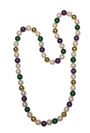 44in 18mm White Pearl and Metallic Purple/ Green/ Gold Mardi Gras Bead