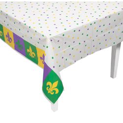 54in x 108in Mardi Gras Plastic Table Cover with Fleur de Lis design