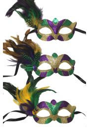 6.5in Wide x 3in Tall Mardi Gras Glitter Eye Mask w/ Feathers on the Side and Jewel