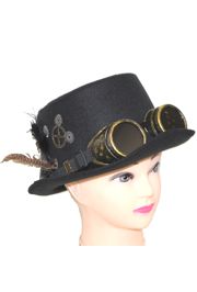Unisex Black Deluxe Felt Steampunk Top Hat w/ Goggles and Feathers