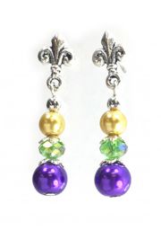 Mardi Gras Pearl Finish Earrings with Fleur de Lis Design