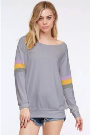 Long Sleeve Grey Mardi Gras Off Shoulder Top/ T-Shirt Size Large