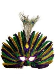 Purple Green and Gold Spotted Feather Masquerade Mask With Peacock Feather And Purple Sequin Trim Around The Eyes