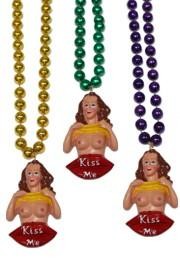 33in 10mm Metallic Purple Green Gold Beads w/ Kiss Me Nudie Girl