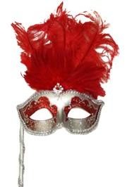 22in x 7in Silver Paper Mache Venetian Mask W/Glitter Accents W/Red Ostrich Feathers On A Stick