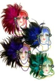 8in Tall x 7in Wide Including Feathers/ Porcelain Face Mask Set W/Feathers On Side and Beaded Necklaces 