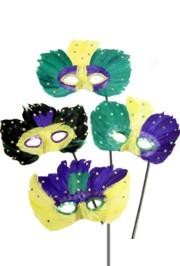 Purple, Green, and Yellow Feather Masquerade Mask Assorted Styles with a Stick