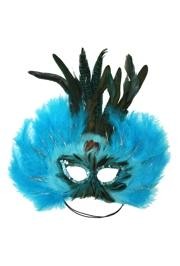 Turquoise Feather Masquerade Mask with Tinsel with Dyed Pheasant Feathers with Sequin Trim Around The Eyes