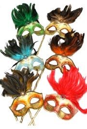 Assorted Color Venetian Masquerade Mask On A Stick With Painted Feathers