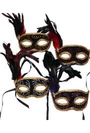 Assorted Black Venetian Masquerade Mask with Red and Black or Purple and Black Feathers