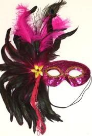 Hot Pink Sequin Feather Masquerade Mask with Feathers on the Side and a Flower