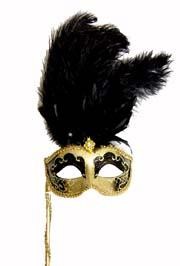 Gold and Black Venetian Masquerade Mask On A Stick with Large Ostrich Black Feathers