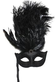 Black Venetian Masquerade Mask on a Stick with Black Ostrich And Coque Feathers