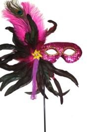 Hot Pink Sequin Feather Masquerade Mask On a Stick with Feathers on the Side
