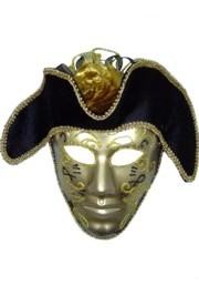 Deluxe Plastic Masks: Gold Full Face Mask with Black Tricorn Hat