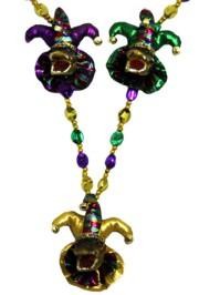 42in 16mm Purple Green Gold Rock Beads w/ 3 Mardi Gras Jester Hat Alligator Heads