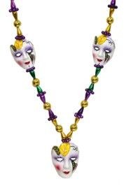 42in Purple Green Gold Beads w/Hand Painted 2in And 1.5in Porcelain Faces/mask