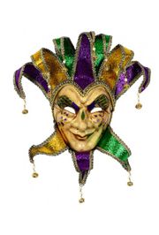 26in Tall x 13in Wide Mardi Gras Paper Mache Male Jester Face Mask With Glitter Accents And Bells