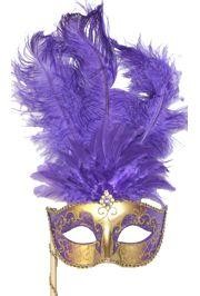 Gold Paper Mache Venetian Masquerade Mask on a Stick with Glitter Accents and with Purple Large Ostrich Feathers