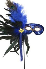 Blue Sequin Feather Masquerade Mask on a Stick with Feathers on the Side