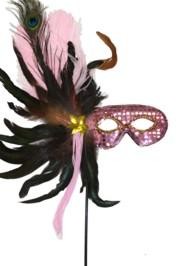 Light Pink Sequin Feather Masquerade Mask on a Stick with Feathers on the Side