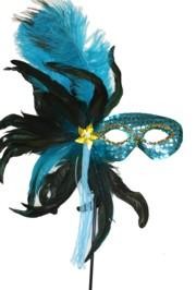 Turquoise Sequin Feather Masquerade Mask on a Stick with Feathers on the Side