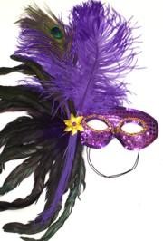 Purple Sequin Feather Masquerade Mask with Feathers on the Side and with a Flower