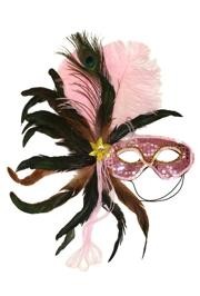 Light Pink Sequin Feather Masquerade Mask with Feathers on the Side and with a Flower