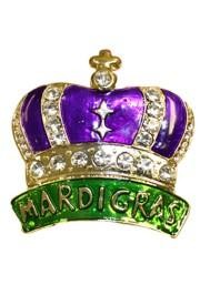 2in Tall x 2in Wide Metal Alloy Crown Pin/Brooch with Mardi Gras Words
