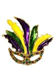 1 1/4in Tall x 1 1/2in Wide Mardi Gras Mask Pin/Brooch W/Purple Green Gold Rhinestones