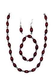 Burgundy Football Shaped Necklace Bracelets and Earrings Bead Set with Silver Spacers