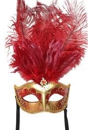 Dark Red and Gold Paper Mache Venetian Masquerade Mask with Dark Red Large Ostrich Feathers and with Glitter Accents