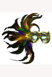 Sequin Masquerade Mask With Purple Green and Gold Feathers On A Side