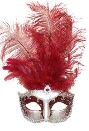 Burgundy and Silver Paper Mache Venetian Masquerade Mask with Glitter Accents and with Burgundy Large Ostrich Feathers