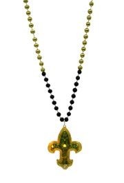 42in 12mm 4 Section Metallic Black and Gold Beads w/ Light-Up Fleur-De-Lis Medallion
