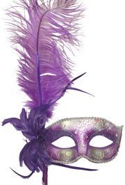 Light Purple and Silver Venetian Masquerade Mask on a Stick With a Large Ostrich Feather