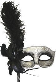 Black and Silver Venetian Masquerade Mask on a Stick with a Large Ostrich Feather