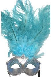 Sky Blue and Silver Paper Mache Venetian Masquerade Mask with Glitter Accents and with Sky Blue Large Ostrich Feathers 