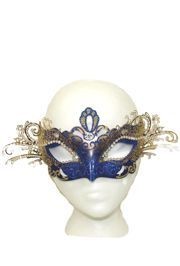 Blue and Gold Venetian Masquerade Mask with Gold Metal Laser Cut and Crystals