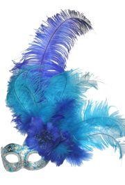 Turquoise Paper Mache Venetian Masquerade Mask With Ostrich and Capon Feathers