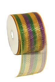 4in x 75ft Sinamay Metallic Purple/ Green/ Gold Multi Stripe Mesh Ribbon/ Netting
