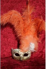 Orange and Gold Venetian Masquerade Mask with Ostrich and Capon Feathers