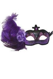 Venetian Masks: Purple and Black Mask with Purple Ostrich Plume and Rose
