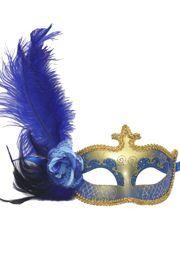 Feather Mask: Blue and Gold Mask with Blue Feather Plume and Blue Rose