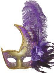 Purple and Gold Venetian Masquerade Mask with Purple Feathers and Flower on the Side