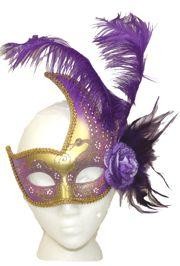 Purple and Gold Venetian Masquerade Mask with Purple Feathers and Flower