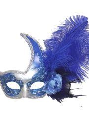Blue and Silver Venetian Masquerade Mask with Blue Ostrich Plume and Flower on the Side
