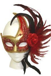 Red and Gold Venetian Masquerade Mask with Black and Red Feathers and Flower
