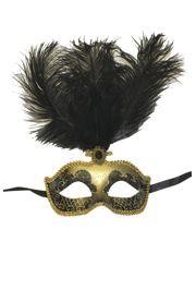 Black Venetian Masquerade Mask with Black Small Ostrich Feathers