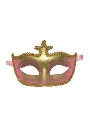 Pink and Gold Hand Painted Venetian Masquerade Mask With Metallic Fabric And With Glittery Scrollwork